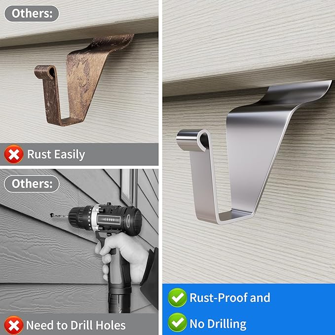 Vinyl Siding Hooks Hanger 10 Pack, Heavy Duty Siding Clips for Hanging on Patio, No-Hole Needed Stainless Steel Siding Hook to Decor Wreath Things for Horizontal Vinyl Siding
