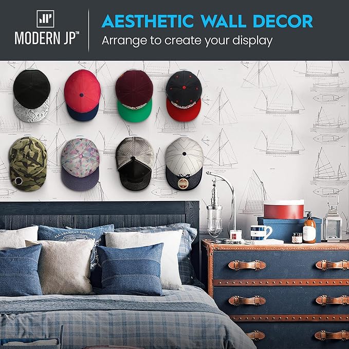 Modern JP Adhesive Hat Hooks for Wall (16-Pack) - Minimalist Hat Rack Design, No Drilling, Strong Hold Hat Hangers - USA Patented, Gray