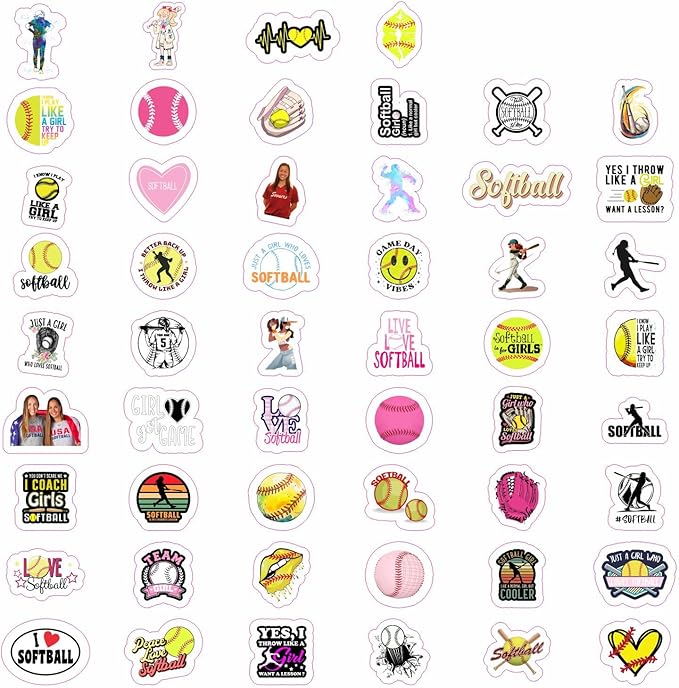 BulbaCraft 100Pcs Softball Stickers for Girls for Water Bottle and Laptop - Softball Party Favors & Decorations, Waterproof Vinyl Decals, Sports and Athlete Stickers, Gifts for Women & Men