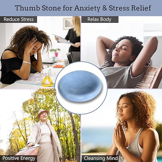 Angelite Worry Stones – Crystal Thumb Worry Stone for Anguish, Stress – Relaxing & Soothing Balance Stones for Meditation, Stress Relief – Healing Stones & Crystals for Men, Women
