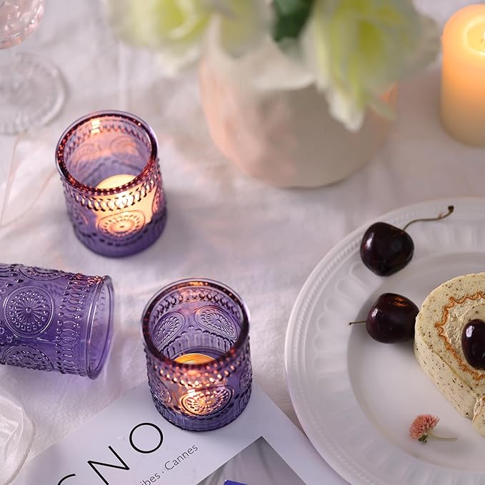 30pcs Assorted Purple Votive Candle Holders for Wedding Decorations, Boho Glass Tealight Candle Holder, Wedding Table Centerpieces, Bridal Shower Decorations, Retro Purple Party Decor, Party Favors