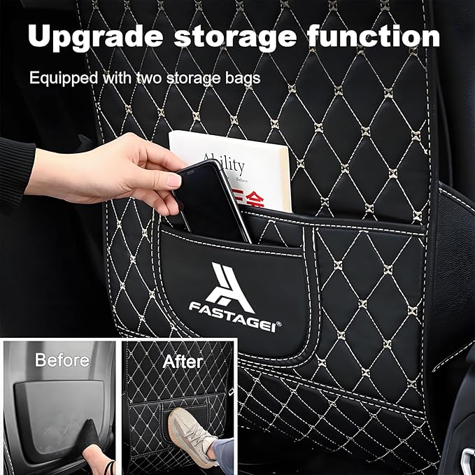 Universal Car Kick Mats Back Seat Protector with Storage Pockets, Premium Leather Car Seat Back Cover Protector Waterproof Scratch-Resistant Easy Clean