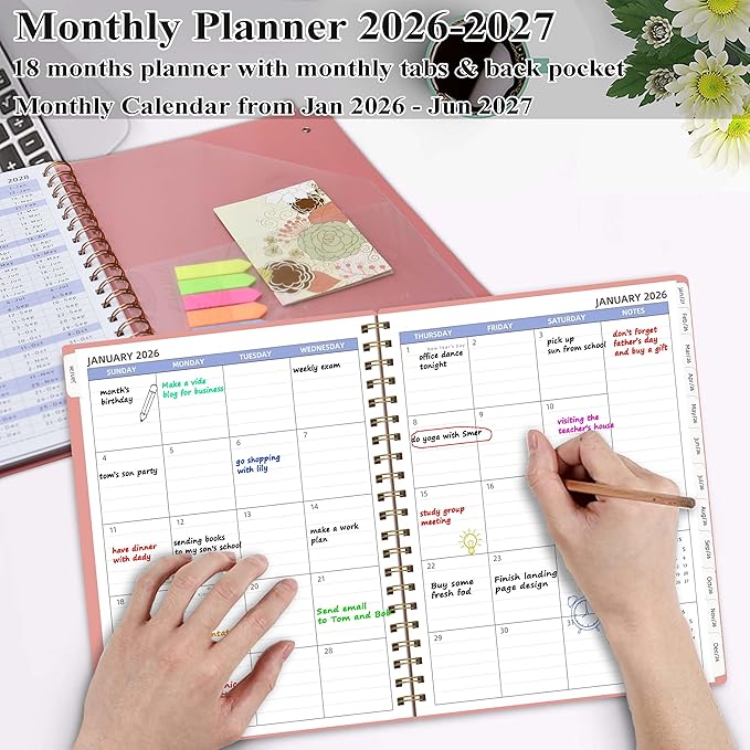 Monthly Planner 2026-2027 (7.6'' x 9.6''), 18 Months Monthly Planner from Jan 2026-Jun 2027, Calendar 2026 Planner with Tabs & Pocket, Pink