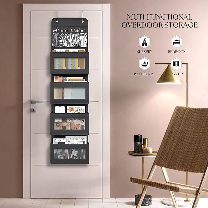 Over Door Organizer with 4 Large Capacity Pockets, Hanging Organizer Storage for Closet Bathroom Nursery Bedroom Dorm, Toys Cosmetics Sundries and Baby Essentials, Black