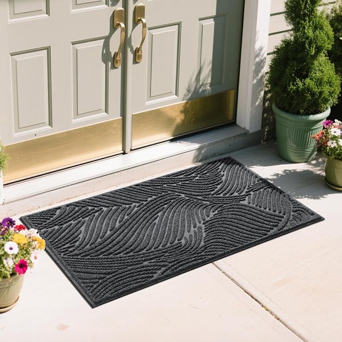 Yimobra Doormat Indoor Outdoor Entrance, Simple Stripes, All-Weather Waterproof & Non-Slip Mat for Front Door, Heavy Duty Polyester Welcome Mat for Garage, Patio-47x24, Dark Grey