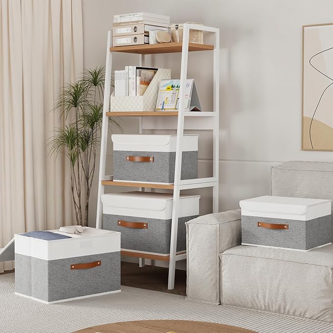 Yawinhe Collapsible Storage Bin, Cube Organizer Basket, Fabric Box with Lids, Washable and Leather Handle, for Home, Closet, White/Grey, 13.0''Lx9.0''Wx7.9''H, 7-Pack, SNK024WGS-7