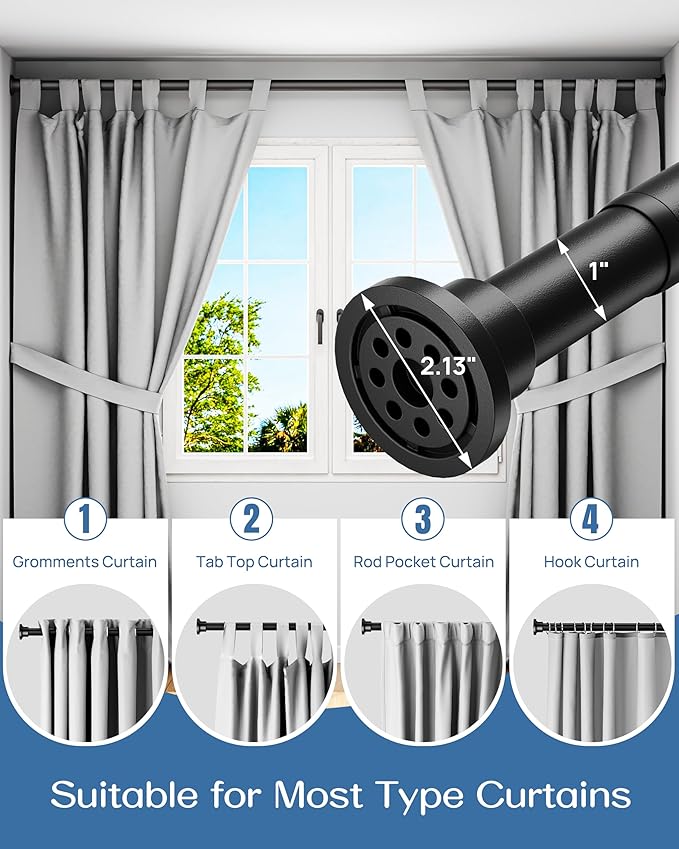ALLZONE Adjustable Tension Curtain Rod, 42 to 78 Inches, Spring Loaded Curtain Rods No Drilling, Renter Friendly Tension Rod for Windows, Shower, Closet, No Drill, Non-Slip, Black
