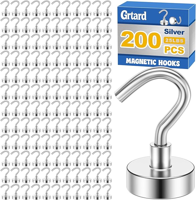 Grtard 200Pack Magnetic Hooks Heavy Duty, 30LBS Magnet Hooks for Cruise, Strong Magnetic Hooks for Hanging, Magnets with Hooks for Home, Kitchen, Workplace, Office (Silver)