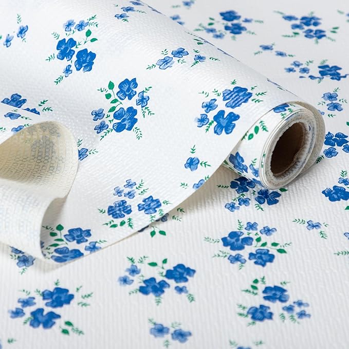 RAY STAR Shelf Liner, Non-Adhesive Blue Floral Kitchen Cabinet Liner for Pantry Drawer Vanity, Strong Grip Non-Slip, Shelf Liners for Cupboard 18 Inch x 8 FT (7 Rolls) Signature Delivery