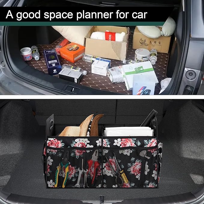 Femuar Car Trunk Organizer, Car Storage Organizer with 72L Large Capacity, Waterproof, Collapsible, and 11 Pockets, Trunk Organizer for Car SUV/Jeep/Sedan, Large Size, Flower