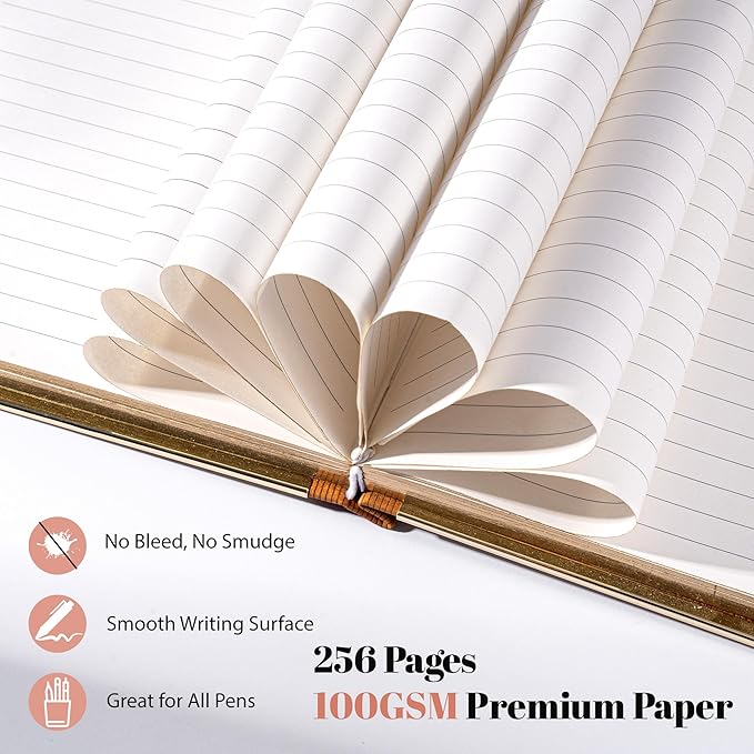 CAGIE Elegant Gold-Edged Journal for Women – Aesthetic Vegan Leather A5 Notebook, 256 Pages 100GSM Thick Paper Hardcover Diary, Gift Journals for Writing
