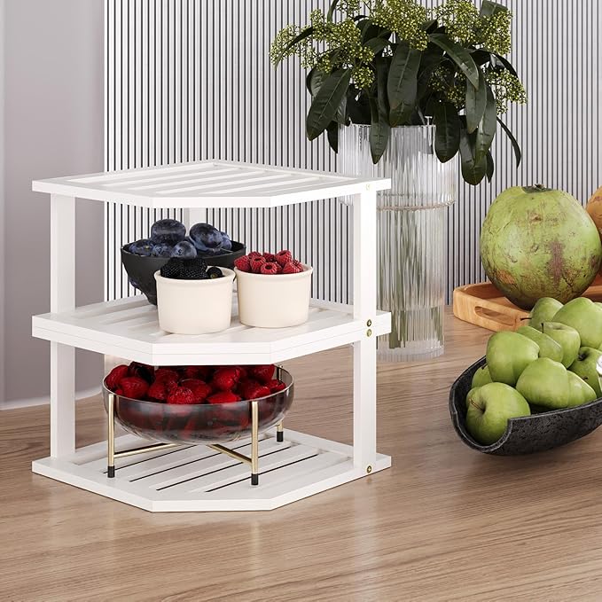 Bamboo Corner Shelf (2 Pack), 2 Tier Plate Organizer for Cabinet and Countertop, Pantry Dish and Spice Rack for Kitchen (White)
