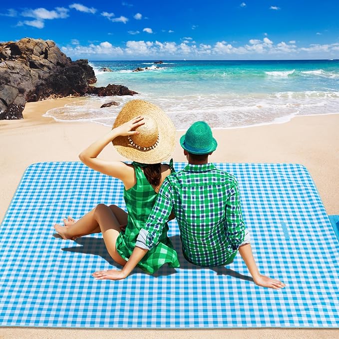 Beach Blanket Waterproof Sandproof Extra Large Beach Mat Sand Free Picnic Blanket Waterproof Foldable Large Outdoor Blanket with Carrying Strap for Grass, Sand, Camping, Hiking, Travel, Festival