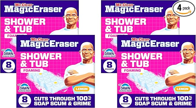 Mr. Clean Magic Eraser Sponge, Bathroom, Shower, Tub Cleaner, Soap Scum Remover, Bathroom Cleaning Supplies, Dawn Cleaning Power with Lemon Scent, Shower & Tub, 8 Count (Pack of 4)