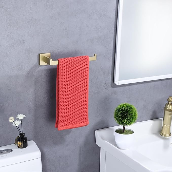 LANC Bathroom Hand Towel Holder Brushed Gold Hand Towel Bar 10 Inch Right Side Square Towel Ring for Kitchen Restroom Wall Mounted Stainless Steel Modern Towel Racks Hanger, A8806BG