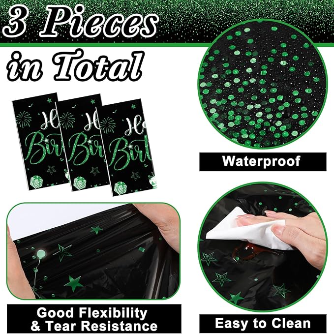 Tudomro 3 Pcs Happy Birthday Tablecloths Happy Birthday Party Decorations Plastic Table Cover Rectangular Cloths for Women Men Baby Shower Party Supplies, 108 x 54 Inch (Black Green)