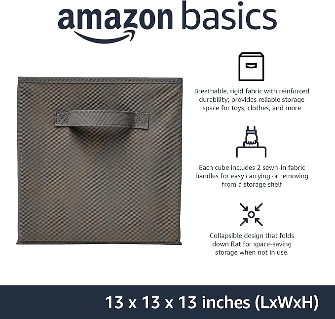 Amazon Basics Collapsible Fabric Storage Cube Bins Organizer with Handles, Sturdy, Gray, 13 x 13 x 13 Inch, Pack of 6