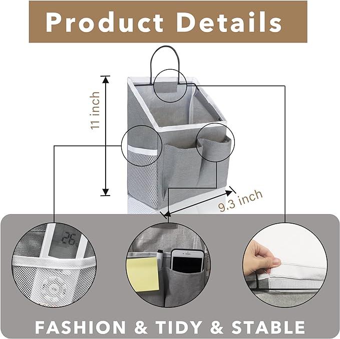 Kanrichu 3pcs Small Wall Hanging Organizer Bag, Linen Fabric Door Hanging Storage Basket with Pockets, Waterproof Bin for Kitchen, Bedroom, Office, RV Camper (Gray)
