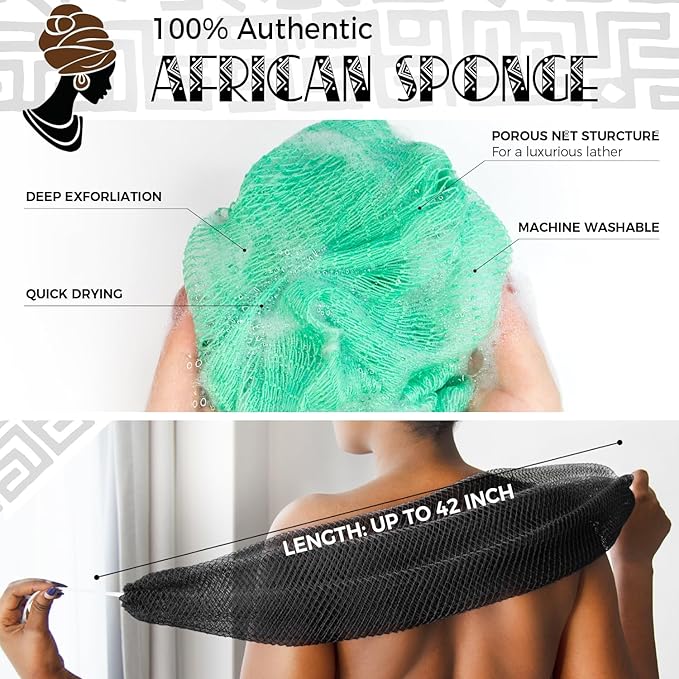 African Exfoliating Net Sponge Black & Seawave - 2 Pack Real African Net Authentic - Body Wash Scrubber for Shower Bath - Africa Bath Sponges for Men Back Scrubber Shower Accessories