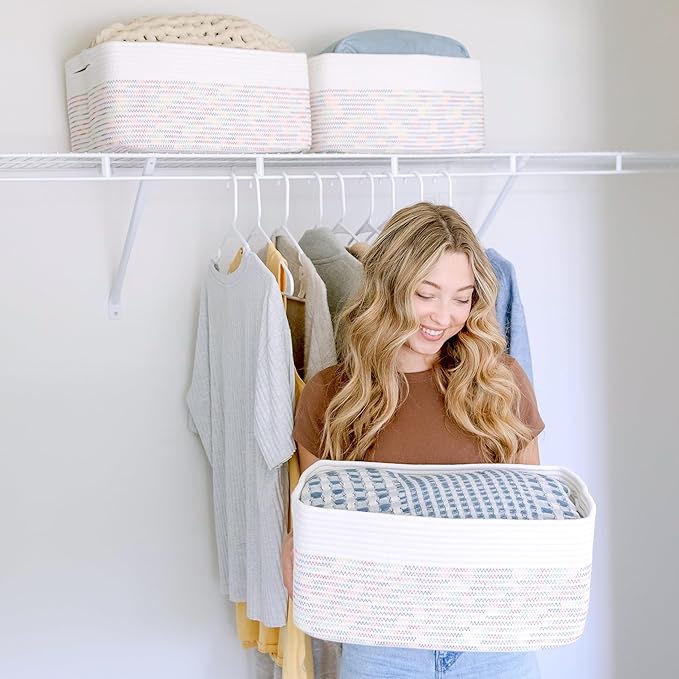 NaturalCozy Storage Baskets 16.8”x13”x7.6” Cotton Rope Woven Baskets for Organizing, 3-Pack | Toy Storage Bins | Basket for Shelves, Laundry, Blanket, Clothes, Closet, Kitchen, Bathroom, Gifts