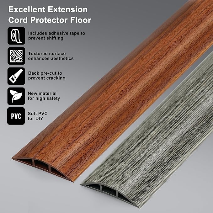 Misty Brown Wood Cord Hider - 4FT Soft Cord Protector, Hide Extension Floor Wire Covers for Cords, Organizer Wires Floor Cable Cover, Cable Cavity: 0.47" (W) x 0.24" (H)