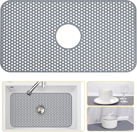 Silicone Sink Mat, 26'' x 14'' Protectors for Kitchen Sink with Center Drain, Kitchen Protector Accessory, Non-Slip Grid Mat for Bottom of Farmhouse Porcelain Stainless Steel(Center Hole)