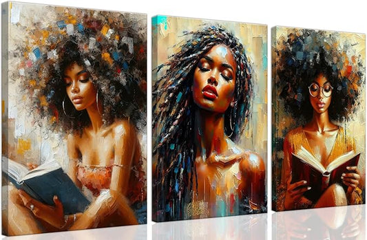 Framed Modern Abstract African American Women Wall Art Set of 3 Painting Canvas Prints,Boho Black Girl with Floral Accents, Inspirational and Trend Poster for Living Room,Bedroom, Office Decor,16X24in