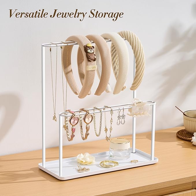 pickpiff Headband Holder Organizer Metal 2-Tier with Tray: Hair Accessories Display Stand Storage, Purse Charms Key Rings Rack Necklace Stand Home Bedroom for Girls Women, White