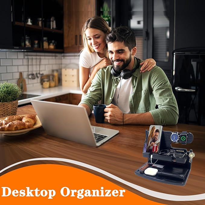 Gifts for Men Dad Women Husband Boyfriend Him Nightstand Organizer for Men Wood Phone Docking Station Birthday Gifts (Black)