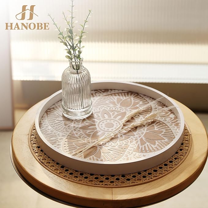 Hanobe Decorative Serving Tray Round: Farmhouse Coffee Table Decor Boho White Mandala Trays for Living Room Kitchen Centerpiece Display