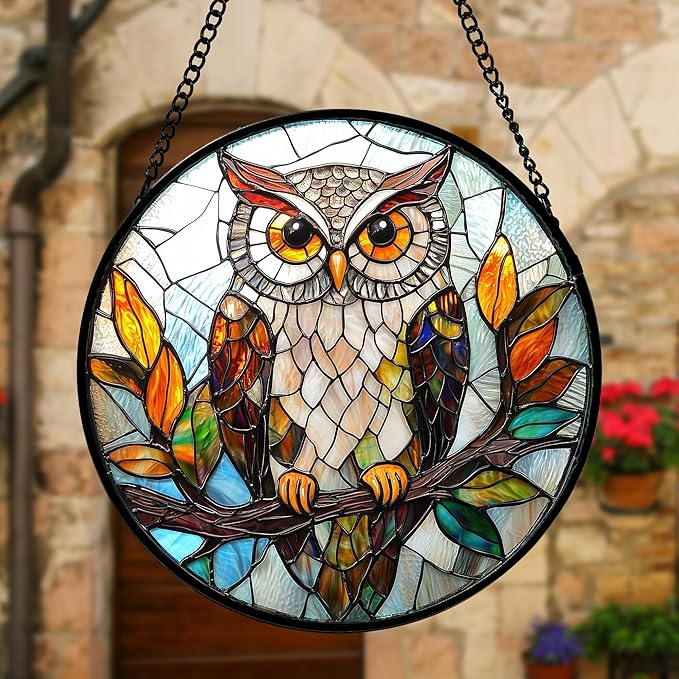 Stained Glass Window Hanging, Owl Colorful Leaves Birds Sun Catchers Diamond Glass Panel Hangings Suncatcher Decor for Birthday for Women, Men, Wife, Aunt, and Mom 11.8x11.8 in