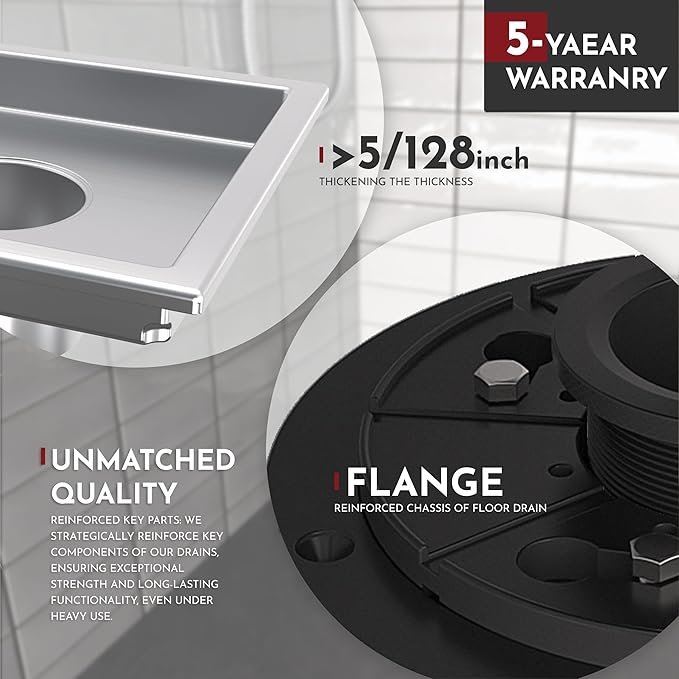 WEBANG 6 Inch Square Shower Floor Drain with Flange,Quadrato Pattern Grate Removable,Food-Grade SUS 304 Stainless Steel,Watermark&CUPC Certified,Brushed