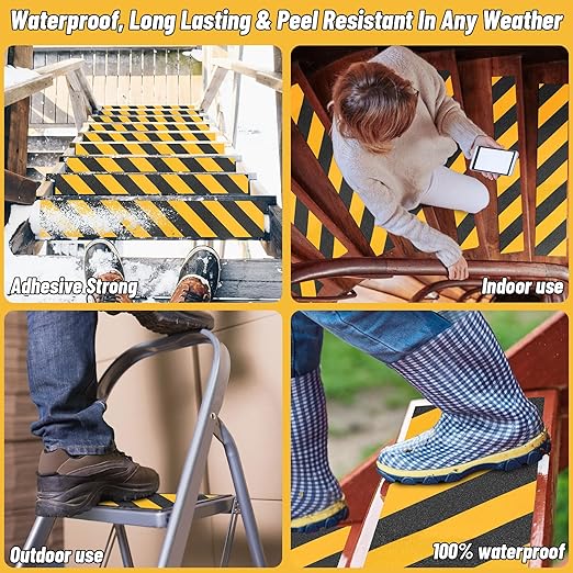 Non Slip Safety Grip Tape for Stairs Steps 2 in x 60Ft Non Skid Tread High Traction Friction, Black Yellow Strong Grip Abrasive Adhesive Hazard Caution Tape