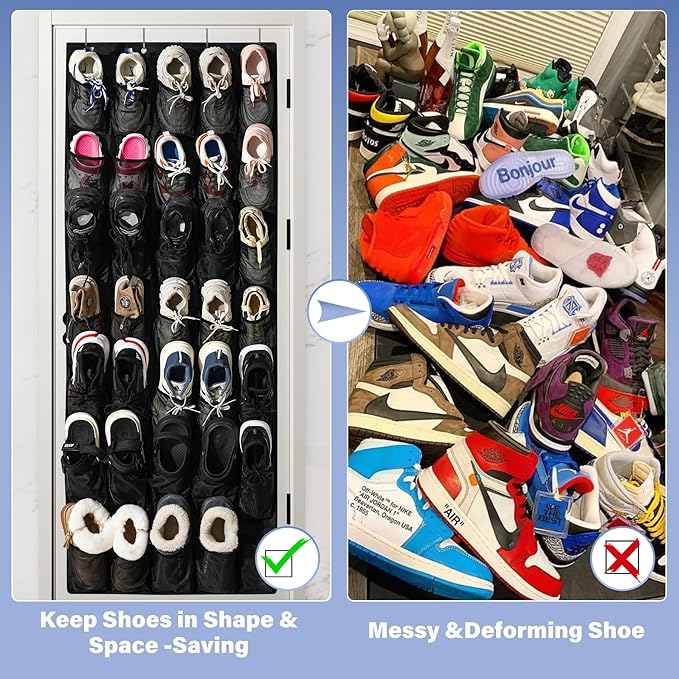 Teikou 35Large Pockets Over The Door Shoe Organizer, Mesh Pockets Shoe Holder Rack, Capacity hanging shoe organizer，door shoe rack With 4 Metal Hook.