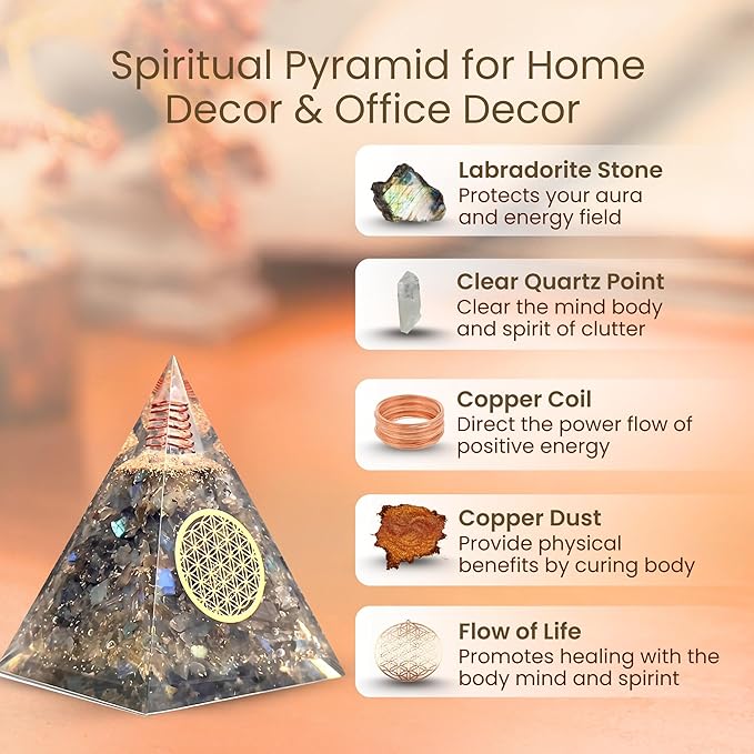 Orgone Pyramid Flower of Life Orgonite Money Healing Crystals Pyramid for Positive Energy (Labradorite)