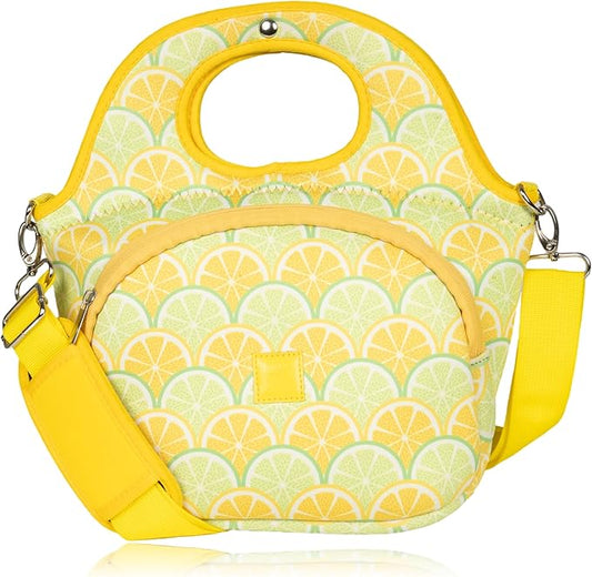 Made Easy Kit Large Insulated Lunch Tote Bag – Stylish Neoprene Carrier Foil Lining, Front Zipper Pocket & Shoulder Strap – Machine Washable, Lightweight, Travel Ready (Lemon & Lime)