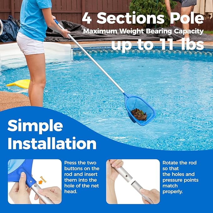 Mowend Swimming Pool Skimmer Net Total Length 57 inches, Leaf Rake Net with 4 Section Telescopic Aluminum Pole for Fast Cleaning Ponds, Hot Tub, and Spas, Pool Cleaner Supplies and Accessories