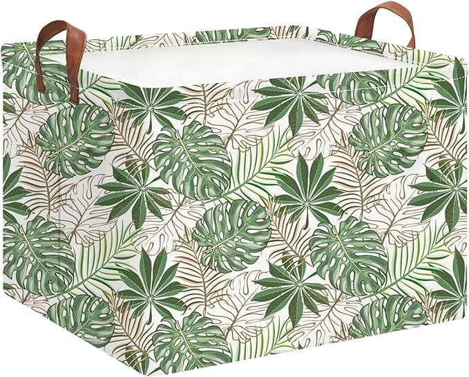 Rectangle Storage Basket with Handles, Collapsible Storage Bin, Books Box, Gift Basket (Golden Monstera)