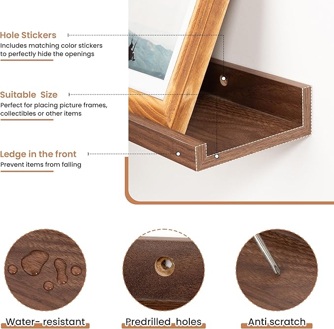 Fun Memories Picture Ledge Shelves Set of 2, 48 Inch Rustic Wall Mounted Floating Shelves with Lip for Home Storage and Décor in Bathroom, Kitchen, Nursery, Bedroom, Living Room, Walnut