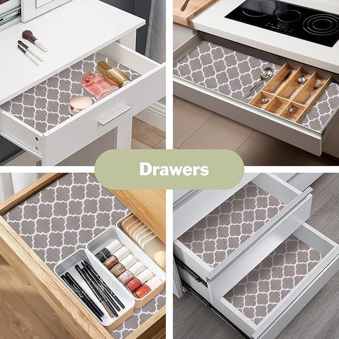 Drawer and Shelf Liner for Kitchen Cabinet: 23.6 in X 30 Ft Non Slip Waterproof Shelf Paper Non Adhesive Refrigerator Liners Gray Quatrefoil Easy Liners for Bathroom Cupboard with Knife Tape Measure