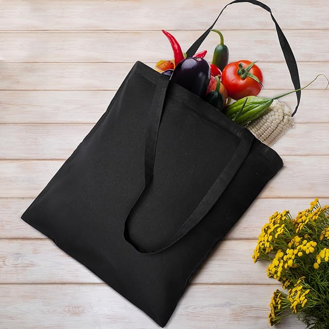 Urban Villa 24 Pack Reusable Grocery Bags 15’’x16’’ with 27’’ long Handle Black Color 100% Cotton Tote Bags Medium Weight Grocery Shopping Cloth Bags Great Choice for Promotion Gift DIY Advertising