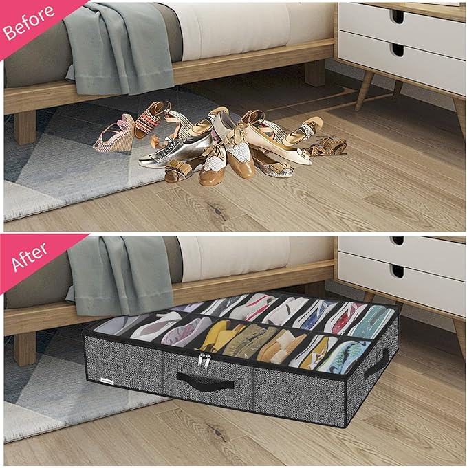 Onlyeasy Sturdy Under Bed Shoe Storage Organizer, Fits 8 to 16 Pairs, Collapsible Closet Underbed Shoes Container Bags with Reinforced Handles, 37.7x23.6x5.9in, Linen-like Black, MXAUBS16P1