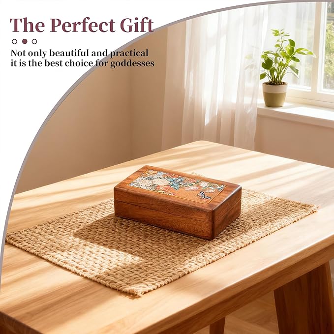 Travel Jewelry Case Small Wood Jewelry Organizer Jewelry Box for Women (Nut-Brown Print G)