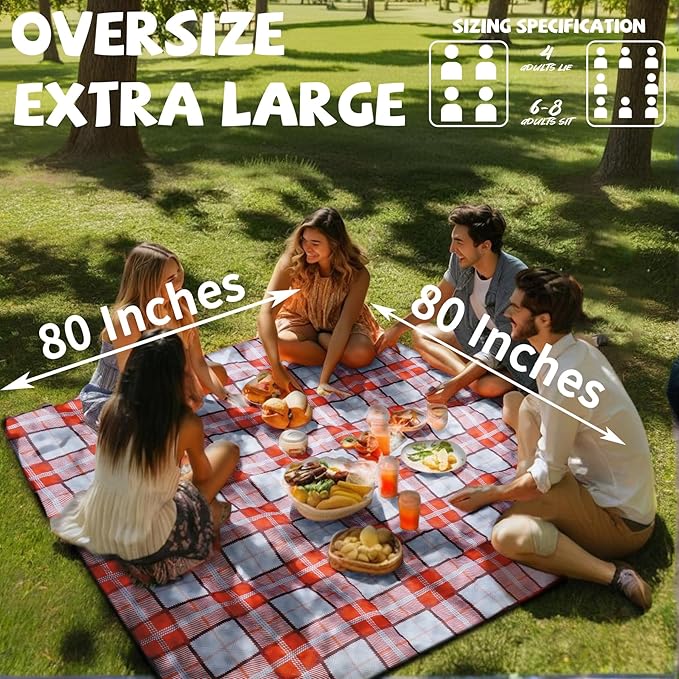 Extra Large Picnic Blankets Lightweight 80x80 Oversized Waterproof Sandproof Outdoor Beach Blanket Camping Grass Mat Vaction Essential Park Accessories Grass Garden Must Have Ground Backyard Gear Gift