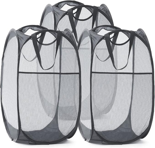 TECHMILLY Collapsible Mesh Pop Up Laundry Hamper with Sturdy Handles and Side Pocket - Portable Foldable Clothes Baskets for Dorm, Bathroom & Travel Storage (Grey, 3 Packs)