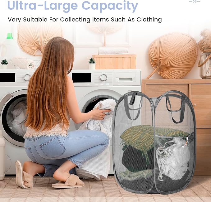 HOUSE AGAIN Mesh Popup Laundry Hamper, [Reinforced] Collapsible Laundry Basket, Foldable Pop Up Hamper with Durable Handles, Easy to Open and Fold for Dorm, Laundry Room, Bedroom, RV, (Grey)