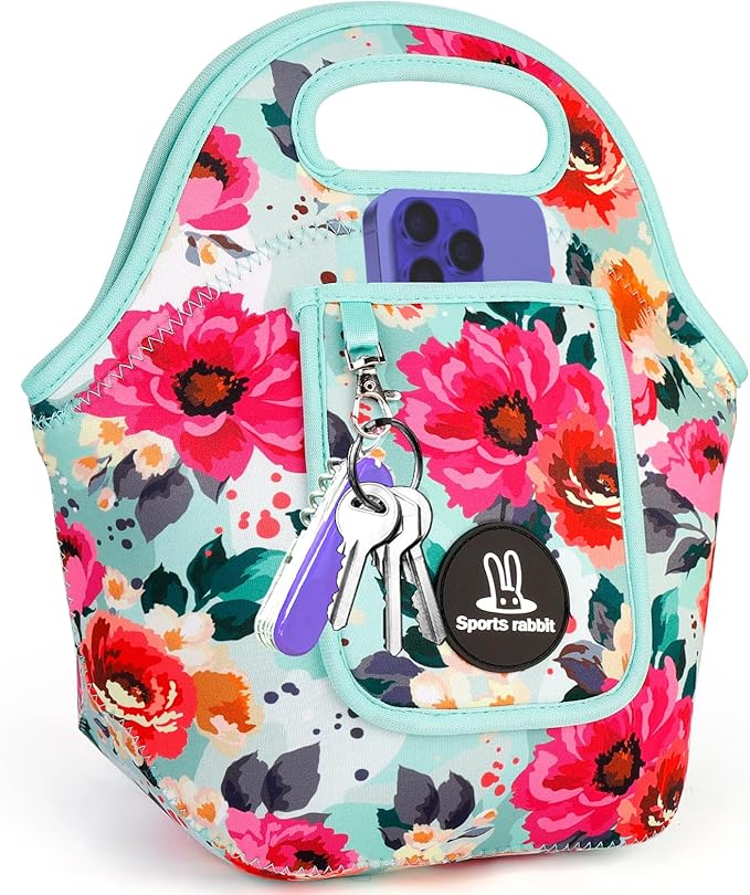 Sports Rabbit Neoprene Insulated Lunch Bag for Women - Front Pocket for Phone&Keys - Reusable, Foldable, Lightweight, Waterproof, Easy to Store & Clean - Ideal for Work,Travel & Picnics(Green flowers)