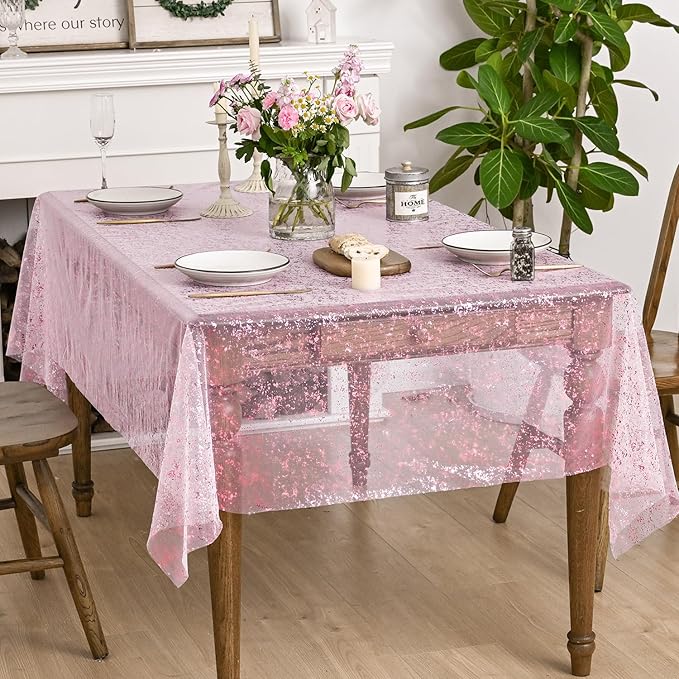 Horaldaily Pink Gold Gauze Tablecloth 60x120 Inch Rectangular, Pink Sequin Glitter Metallic Foil, Sheer Tulle Cheesecloth for Wedding Baby Shower Ceremony Birthday
