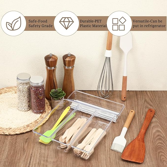 12 PCS Drawer Organizers Clear Plastic Vanity Drawer Dividers Kitchen Silverware Utensil Storage Desk Storage Tray for Bathroom Bedroom Office Makeup Jewelry 9 x 3 x 2 Inches