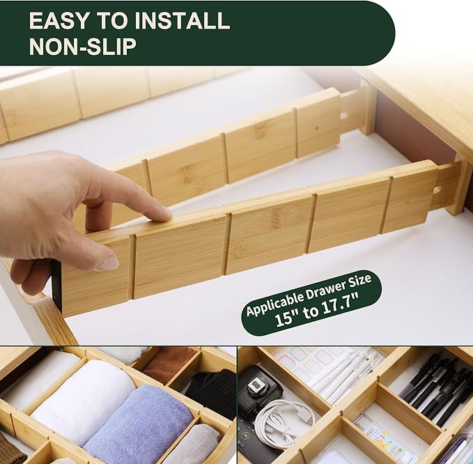 Utoplike 4 PCS Bamboo Kitchen Drawer Dividers with Inserts (Fits 15"-17.7" Drawer Inner Size), Adjustable Drawer Organizers for Socks, Spring Loaded, for Bedroom, Dresser, Bathroom